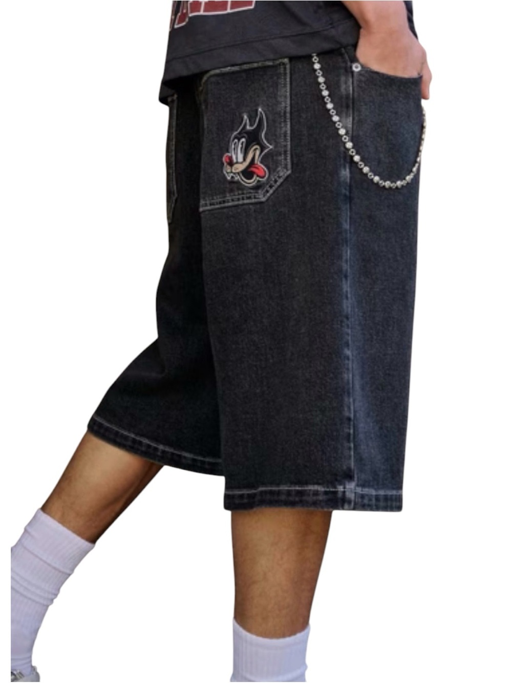 Hollister Super Baggy Denim Shorts Mens 34 Jorts Cartoon Cat Patch Washed Black
